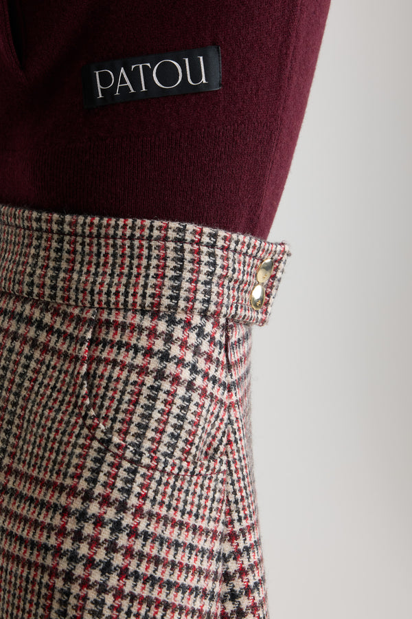 Patou - Asymmetric midi skirt in sustainable wool flannel - Prince Of Wales - Sustainable virgin wool flannel skirt. Prince of Wales pattern. Midi length. Mid waist. Asymmetric silhouette with pleating on one side. Silver-tone JP monogram-engraved snap buttons at the side, zip fastening at the back. Single rounded pocket at the side. Lined.