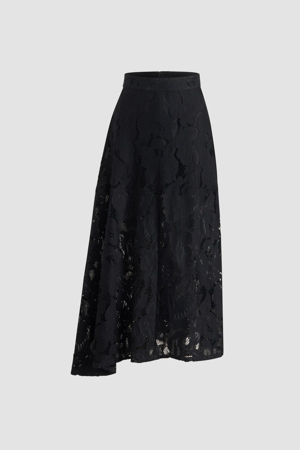 Patou - Gonna midi asimmetrica in pizzo in misto cotone bio - Black - Gonna in pizzo in misto cotone bio nero. Lunghezza midi. Vita media. Silhouette asimmetrica con plissettatura su un lato. Chiusura con zip sul retro. Fodera parziale.