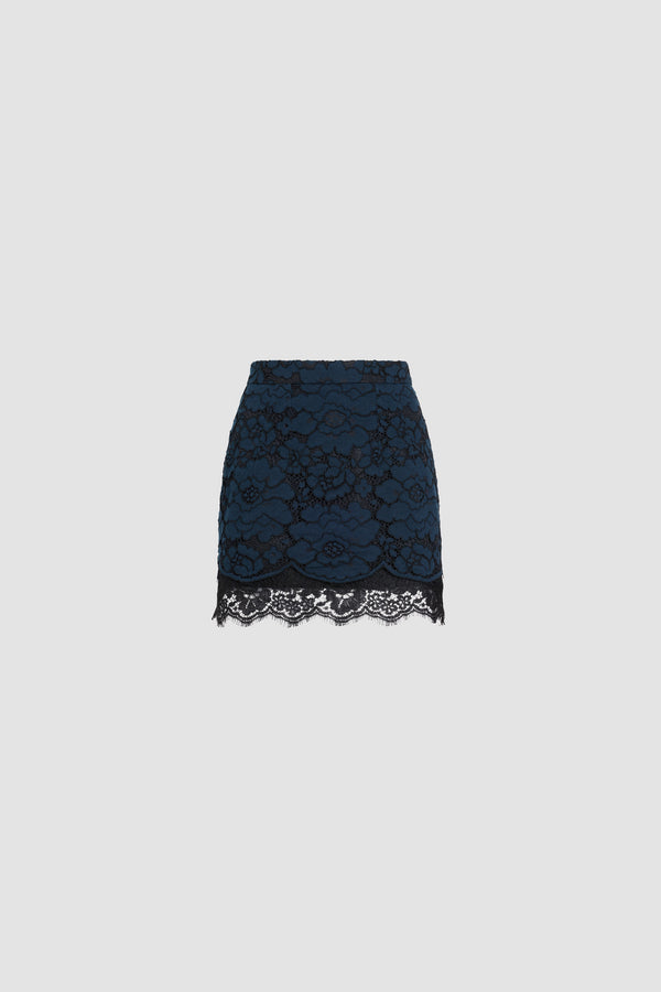 Patou - Eco-Friendly Cotton Blend Lace Iconic Mini Skirt - Deep Sea Blue - Navy blue iconic mini skirt with floral lace.