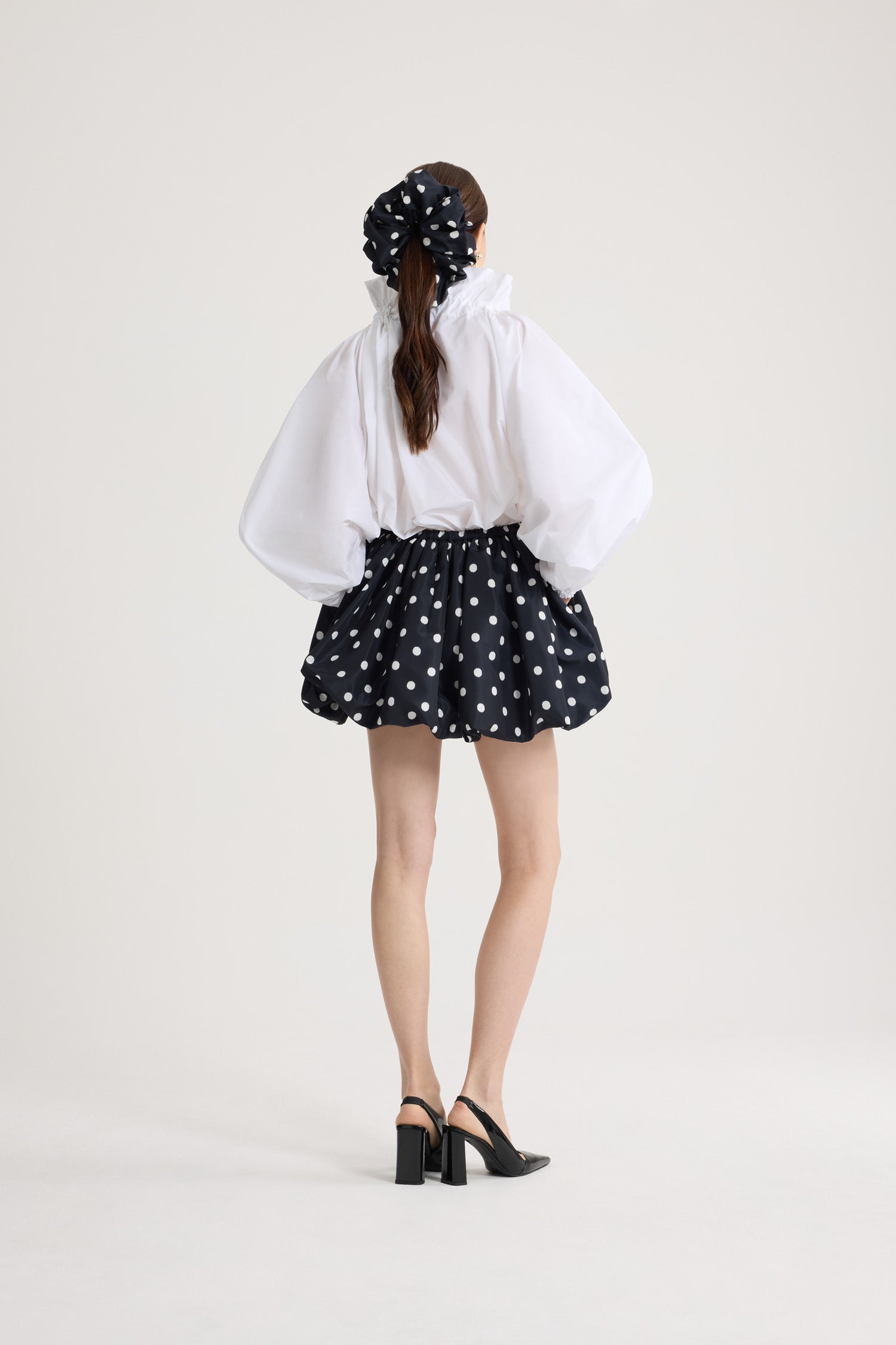 Patou - Recycled Faille Mini Bloomer Skirt - Meteorite Blue - Blue mini bloomer skirt with white polka dots in recycled faille. Drawstring at the waist.