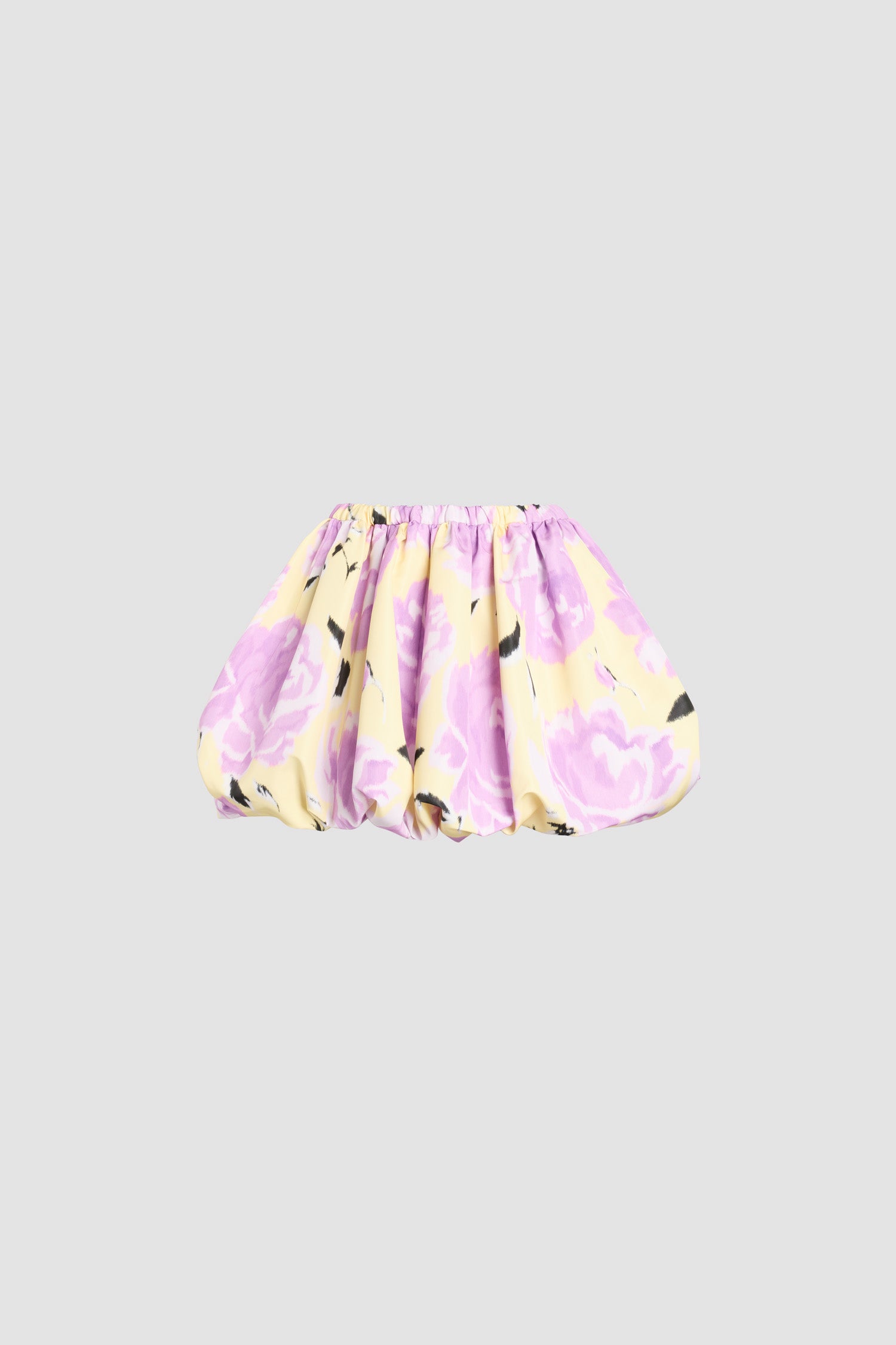 Patou - Mini gonna bloomer in faille riciclata - Peony Garden - Mini gonna bloomer gialla in faille riciclata con fiori rosa. Coulisse in vita.