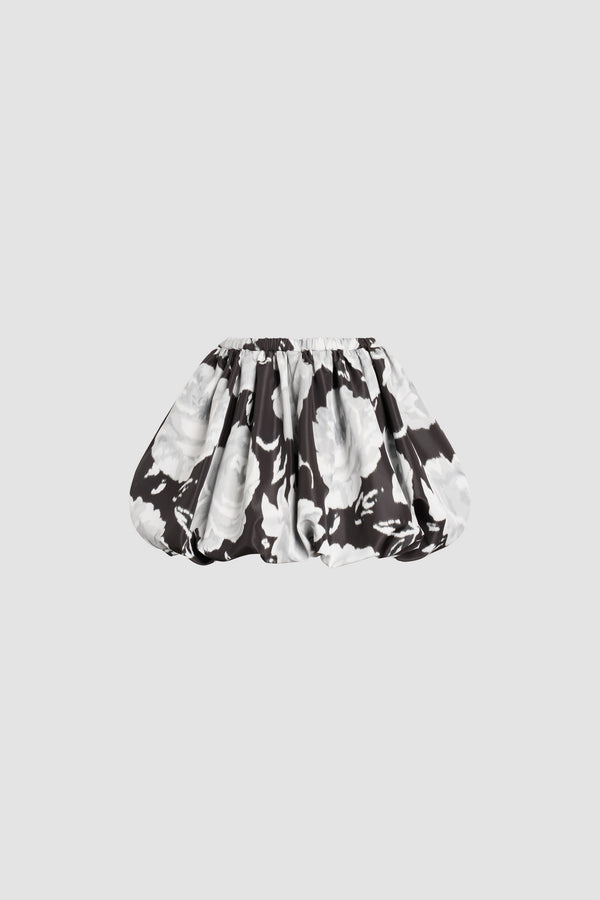 Patou - Mini gonna bloomer in faille riciclata - Night Garden - Mini gonna bloomer nera con fiori grigi a contrasto in faille riciclata. Coulisse in vita.