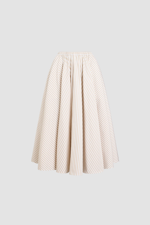 Patou - ストライプ リサイクルファイユ ゴムウエスト ミディスカート - Dolce Coffee Stripes - ベージュ＆ブラウンカラーのコントラストストライプ入り リサイクルファイユ製 ゴムウエスト ミディ丈スカート。ミディ丈。