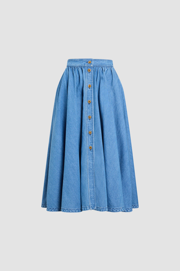 Patou - Langer Knopfrock aus Baumwollmischung - Heritage Blue Wash - Blauer Denim-Knopfrock aus Baumwollmischung. Knopfverschluss vorne.