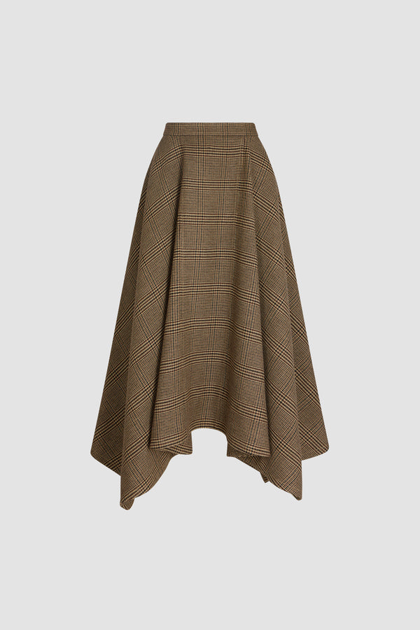 Patou - Jupe midi asymétrique en laine éco-responsable - Autumn Prince Of Wales - Jupe midi à motif Prince de Galles. Taille haute. Volume évasé. Construction asymétrique.