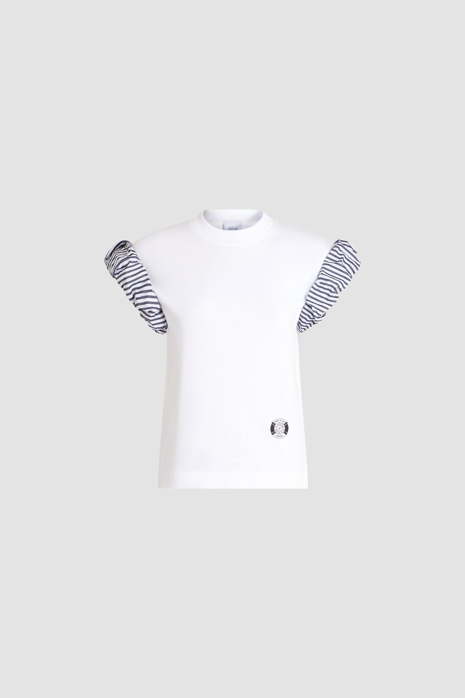 Patou - Patou x Hôtel Du Cap-Eden Roc Organic Cotton T-Shirt With Faille Sleeve Details - White - A summer capsule collection exclusively available at Hôtel du Cap-Eden-Roc.White organic cotton T-shirt with faille details on the sleeves, white and blue stripes. A small round Patou logo at the bottom left.