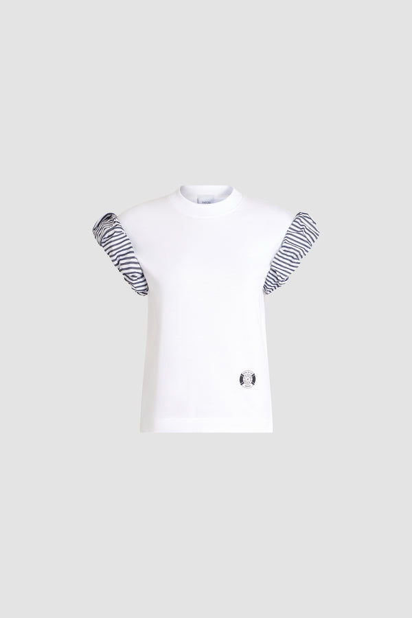 Patou - Patou x Hôtel Du Cap-Eden Roc Organic Cotton T-Shirt With Faille Sleeve Details - White - A summer capsule collection exclusively available at Hôtel du Cap-Eden-Roc.White organic cotton T-shirt with faille details on the sleeves, white and blue stripes. A small round Patou logo at the bottom left.