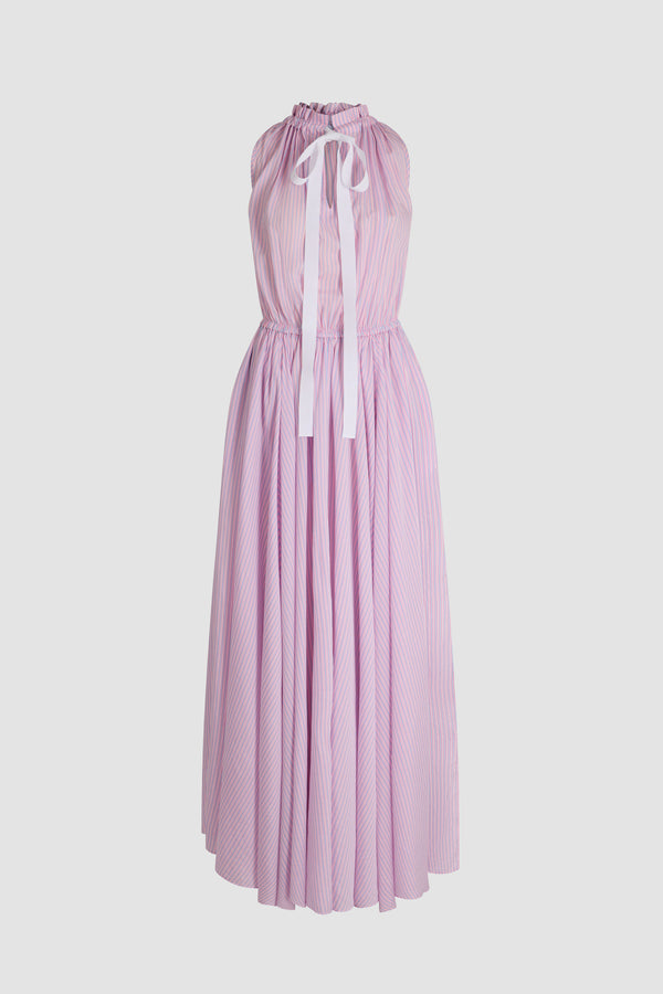 Patou - Patou x Hôtel Du Cap-Eden Roc Long Beach Dress In Blended Lyocell And Silk - Eden Beach Stripes - A summer capsule collection exclusively available at Hôtel du Cap-Eden-Roc.Pink long striped dress in blended lyocell and silk. Stand collar. Gathered shoulders. White neck bow. Pleated skirt.