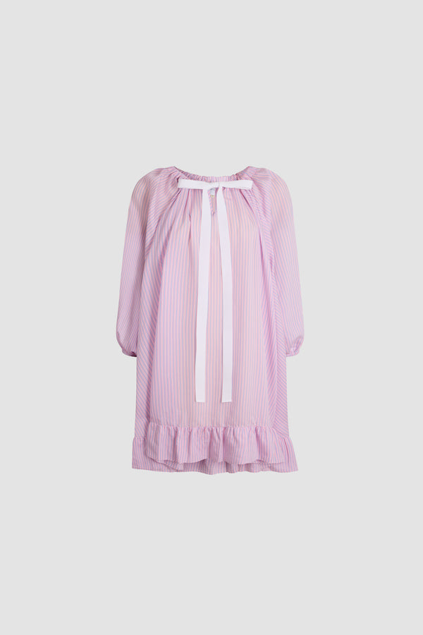 Patou - Patou x Hôtel Du Cap-Eden Roc Volume Beach Dress In Blended Lyocell And Silk - Eden Beach Stripes - A summer capsule collection exclusively available at Hôtel du Cap-Eden-Roc.Pink striped beach dress in blended lyocell and silk. Loose volume. Long sleeves. White neck bow. Frilled hem.