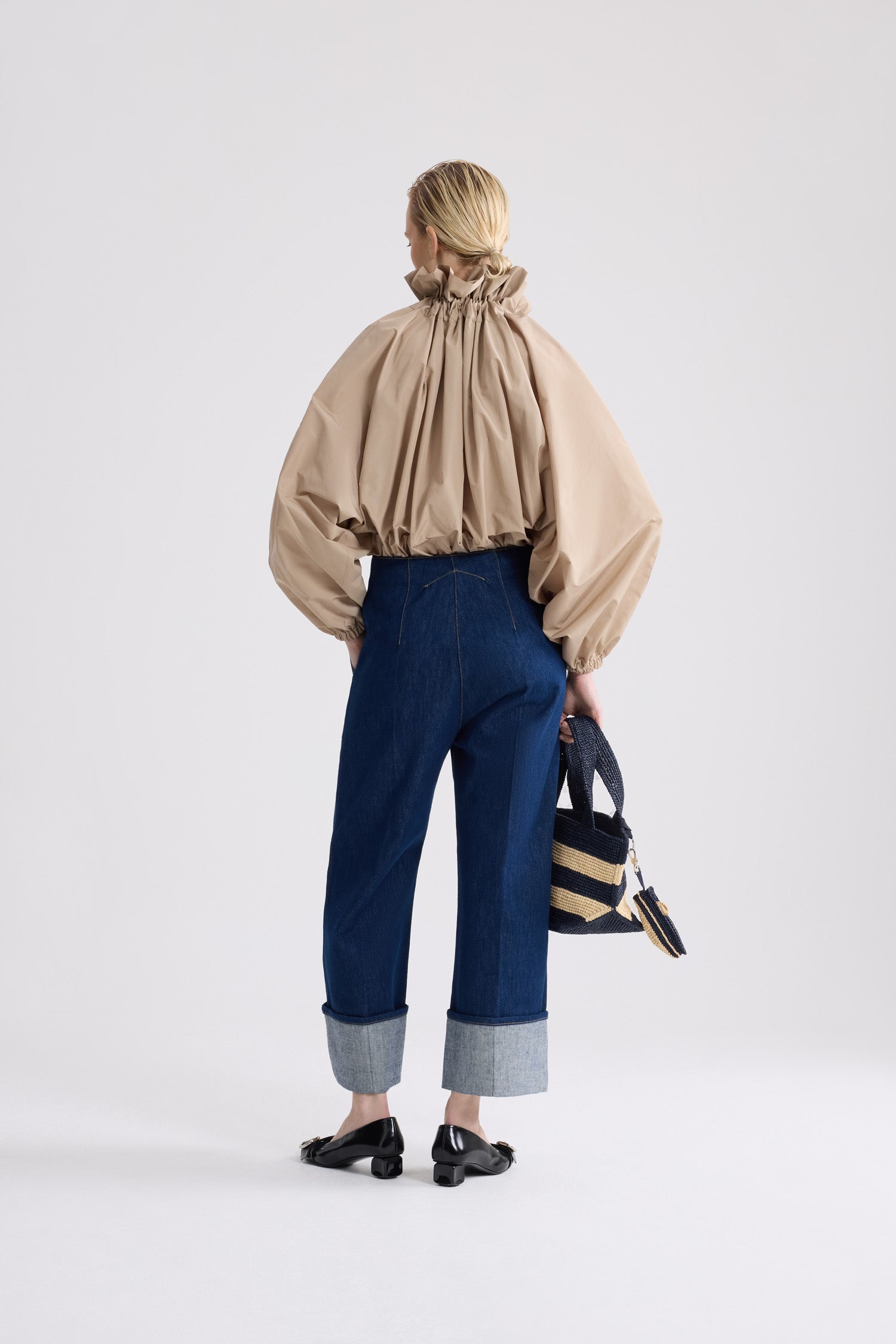 Patou - Iconic Recycled Faille Voluminous Top - Dune - Iconic voluminous top in sand-colored recycled faille. Very voluminous silhouette, can be worn tied at the neck or with bare shoulders. Drawstring collar with front gathering and long grosgrain ties. Batwing sleeves with elasticated cuffs. Elasticated waist.