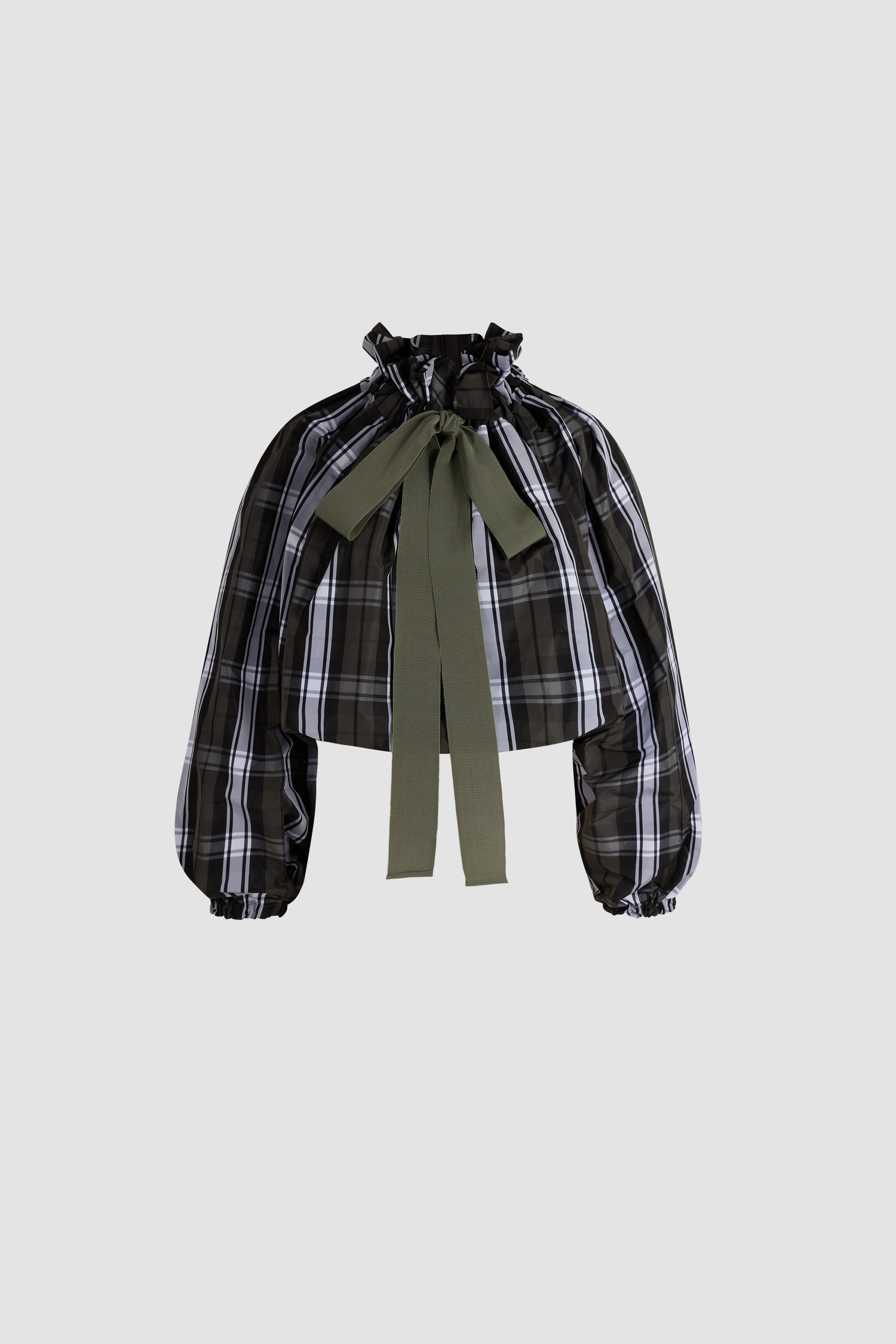 Patou - Top voluminoso in poliestere - Mist Green Tartan - Top in poliestere a motivo tartan. Volume ampio. Collo arricciato con laccio da annodare. Maniche lunghe a sbuffo. Vita e polsini elasticizzati.