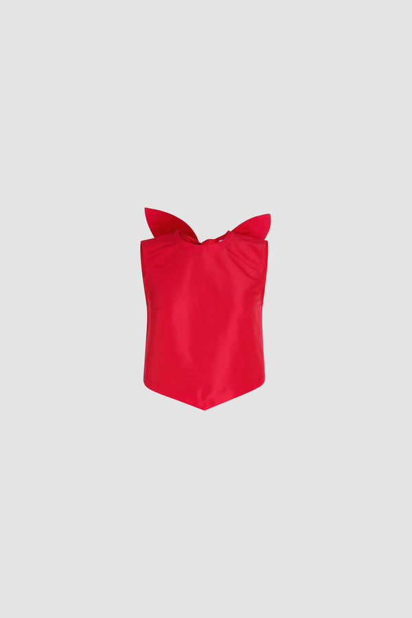 Patou - Top noué en ottoman recyclé - Lipstick Red - Top en ottoman recyclé couleur rouge à lèvres. Coupe courte. Col rond. Dos fendu avec fermeture par nœud. Ourlet à découpe en V.