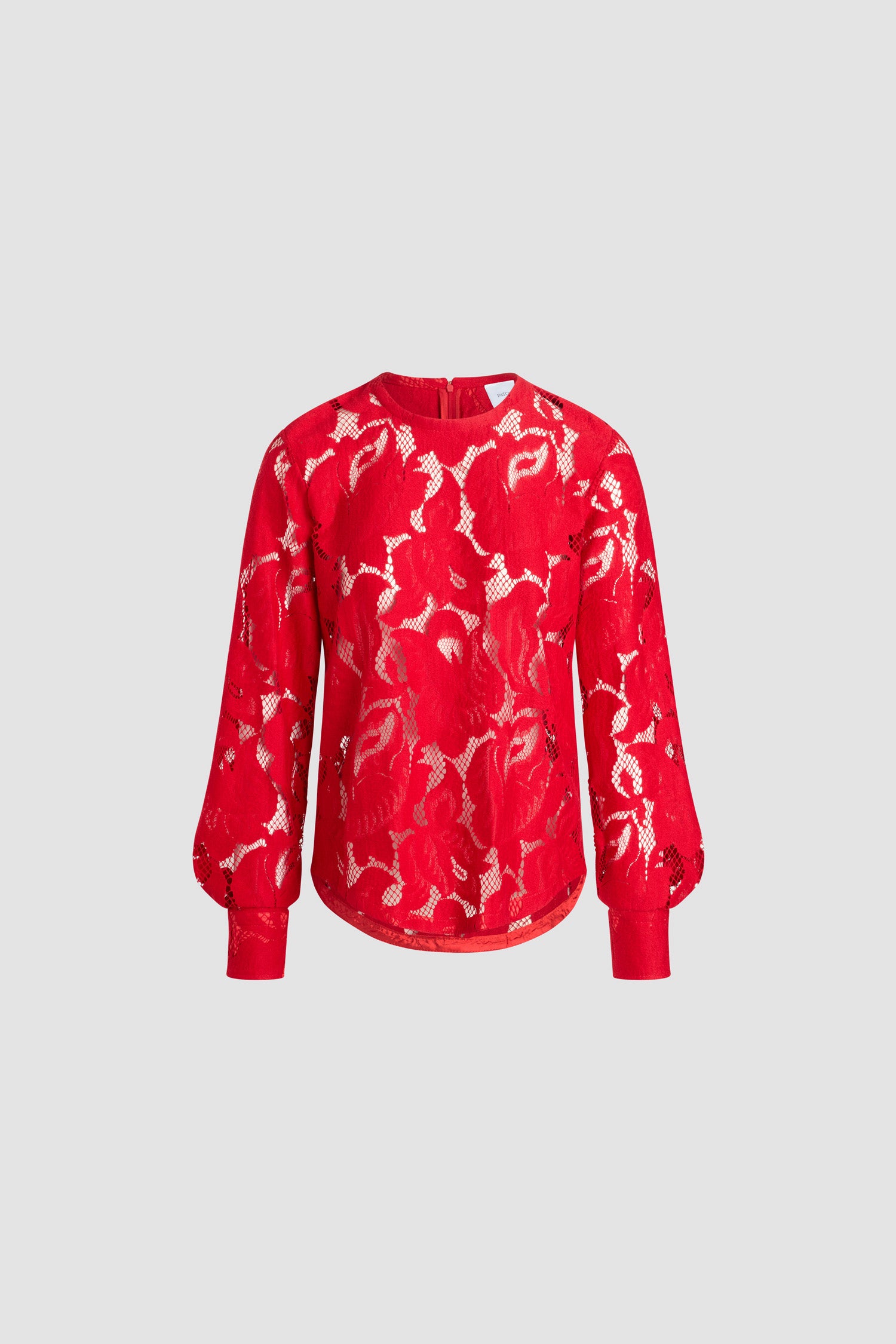 Patou - Balloon sleeve top in organic cotton blend lace - Babylone Red - Babylone Red organic cotton blend lace top. Round neck with zip fastening at the back. Balloon sleeves with buttoned cuffs.