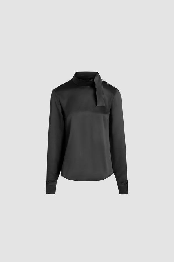 Patou - Top con collo a sciarpa in seta bio - Black - Blusa in raso di seta bio nera. Collo alto con sciarpa. Chiusura con bottoni sulla spalla. Polsini abbottonati.