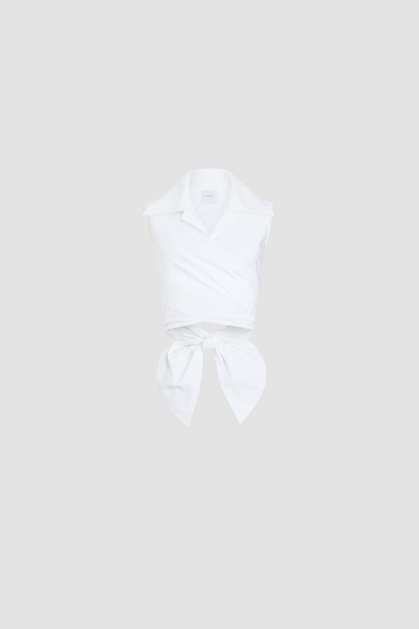 Patou - Organic Cotton Sleeveless Draped Top - White - White sleeveless draped top. Organic cotton material. Shirt collar. Ties at the waist.