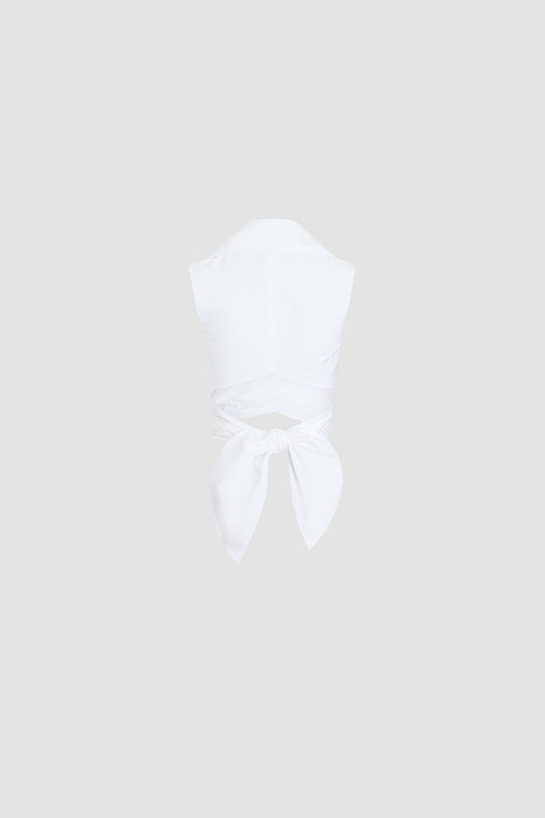 Patou - Organic Cotton Sleeveless Draped Top - White - White sleeveless draped top. Organic cotton material. Shirt collar. Ties at the waist.
