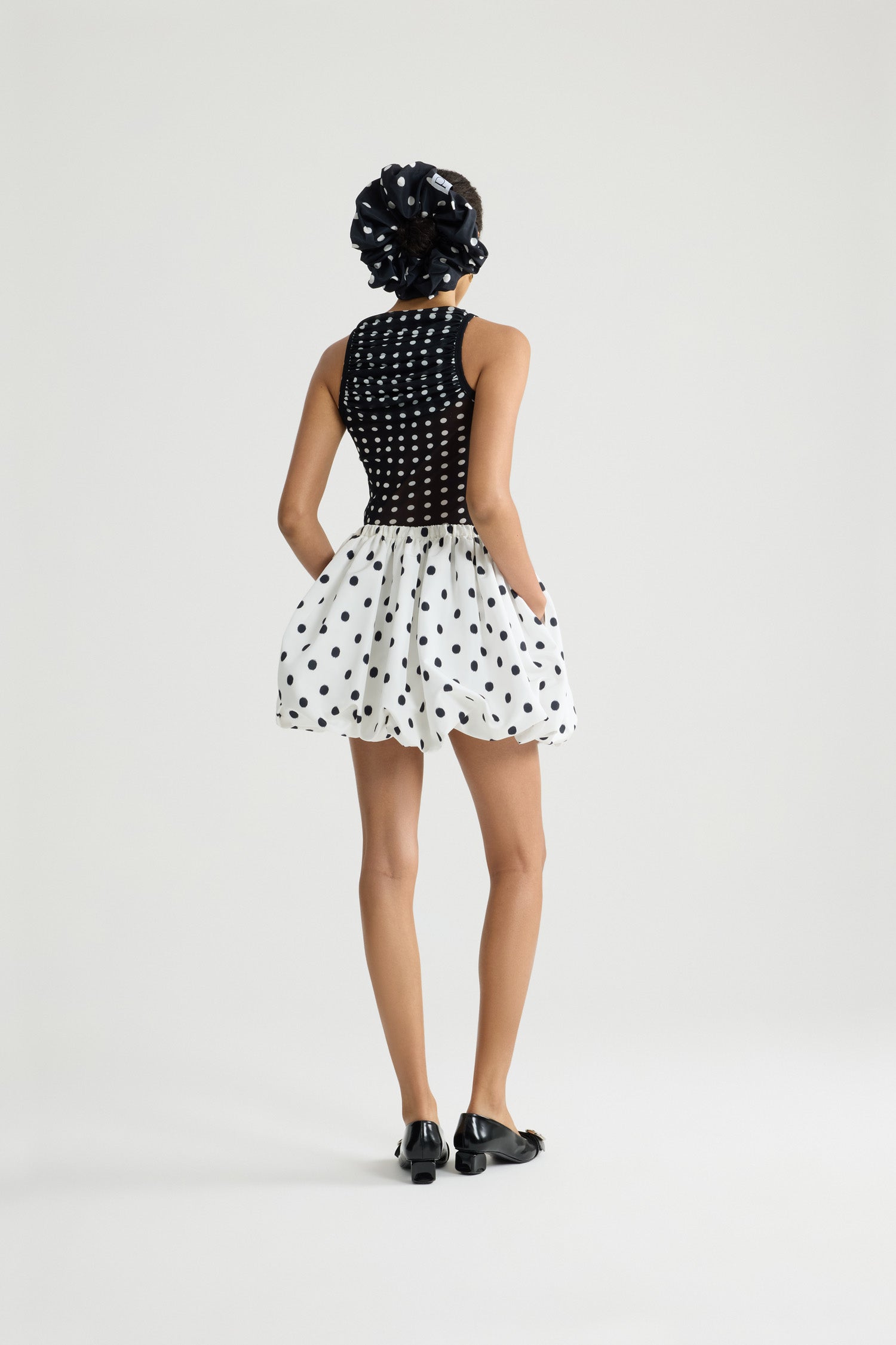 Patou - Recycled Nylon Ruched Top - Night Blue Polka Dots - Black and white polka dot ruched top. Recycled nylon material. Sleeveless. Round collar.