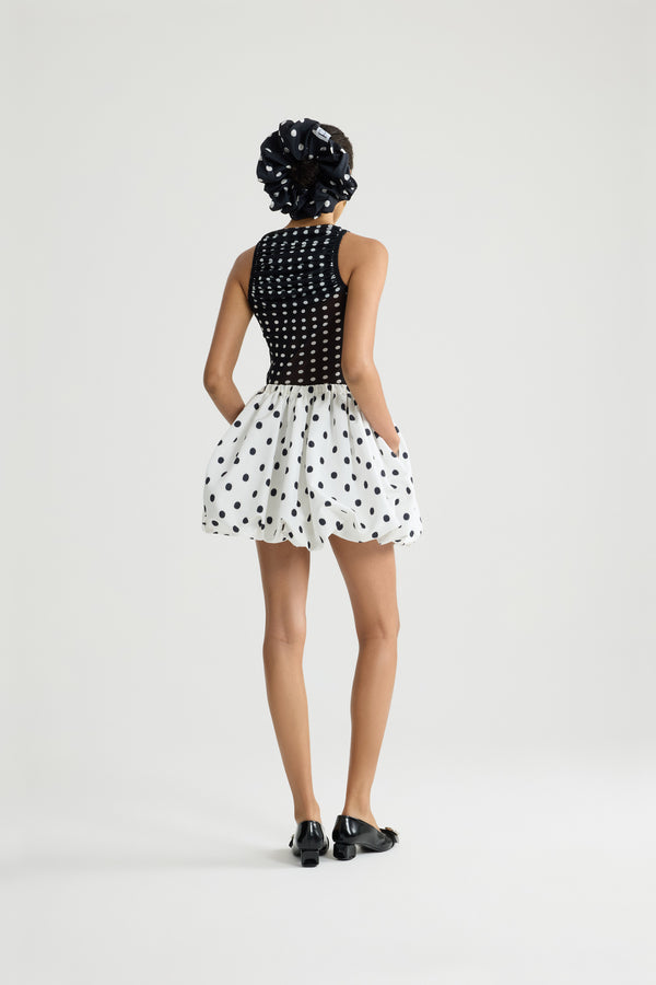 Patou - Recycled Nylon Ruched Top - Night Blue Polka Dots - Black and white polka dot ruched top. Recycled nylon material. Sleeveless. Round collar.