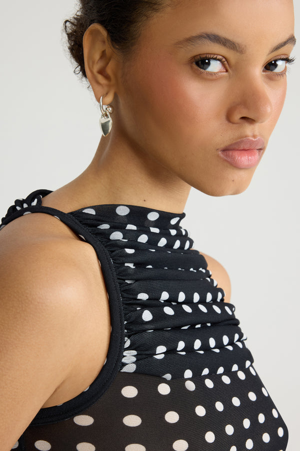 Patou - Recycled Nylon Ruched Top - Night Blue Polka Dots - Black and white polka dot ruched top. Recycled nylon material. Sleeveless. Round collar.