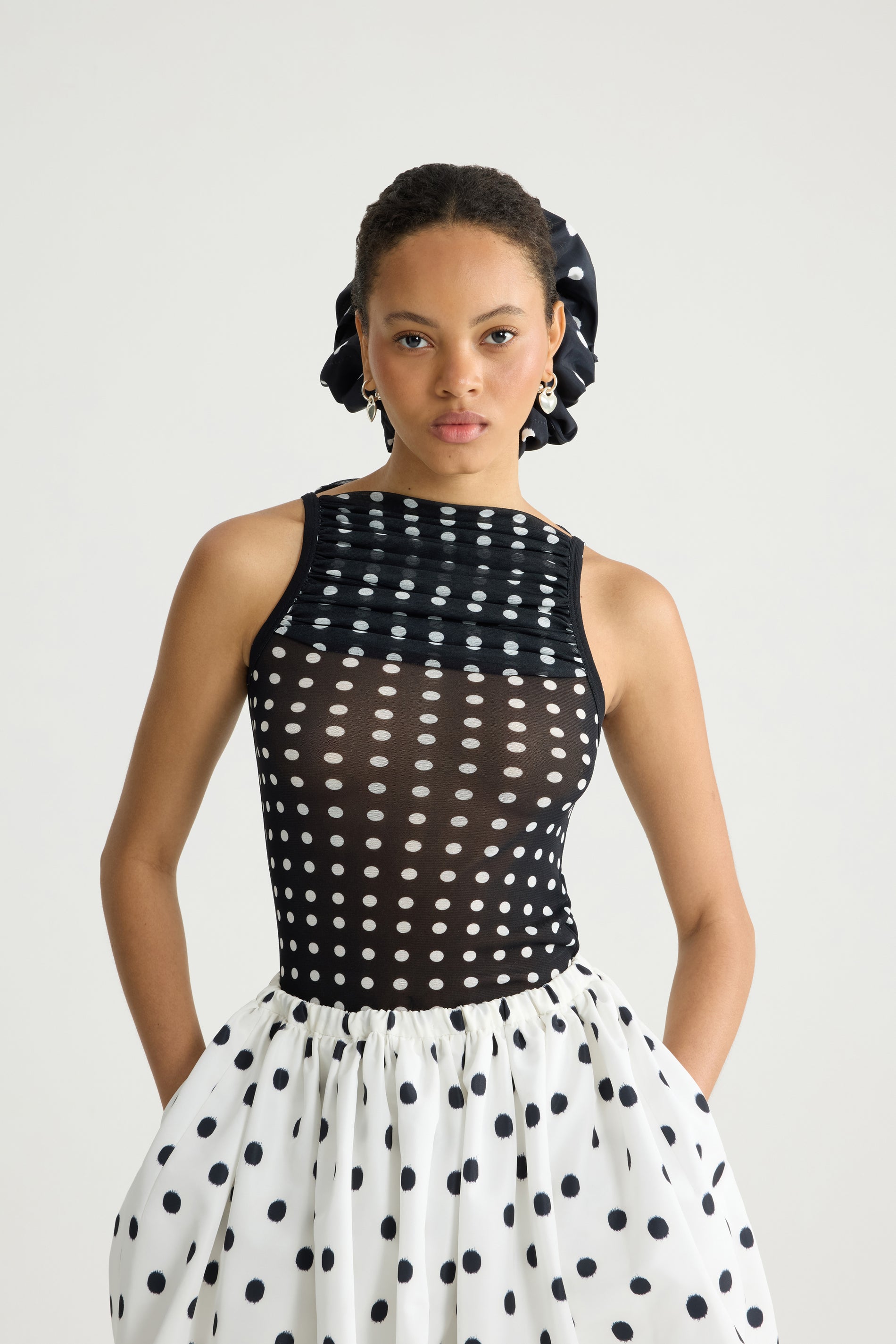 Patou - Recycled Nylon Ruched Top - Night Blue Polka Dots - Black and white polka dot ruched top. Recycled nylon material. Sleeveless. Round collar.