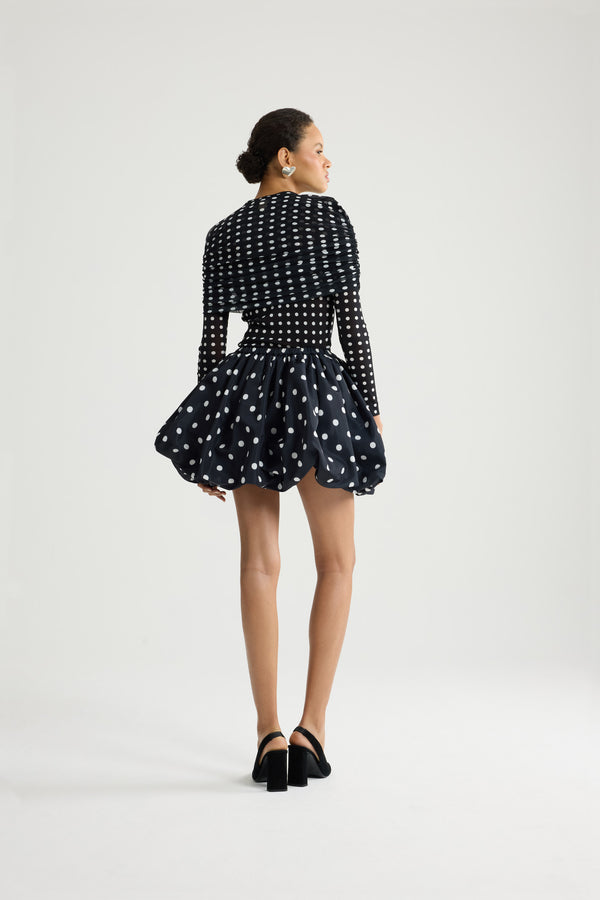 Patou - Recycled Nylon Long Sleeve Top - Night Blue Polka Dots - Black and white polka dot long sleeve top. Recycled nylon material. Round collar. Ruched on the body.
