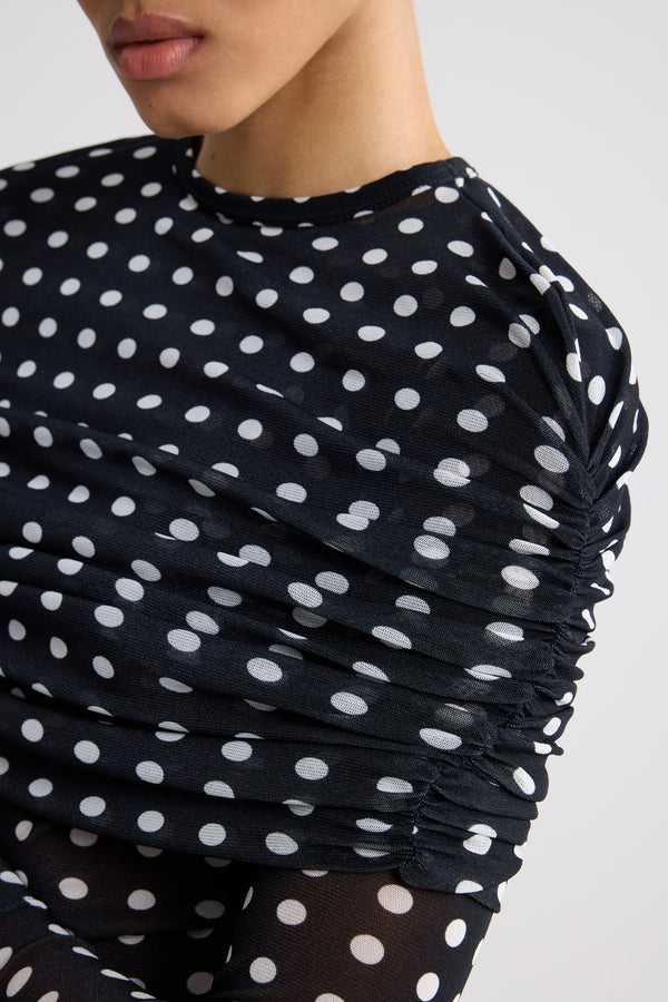 Patou - Recycled Nylon Long Sleeve Top - Night Blue Polka Dots - Black and white polka dot long sleeve top. Recycled nylon material. Round collar. Ruched on the body.