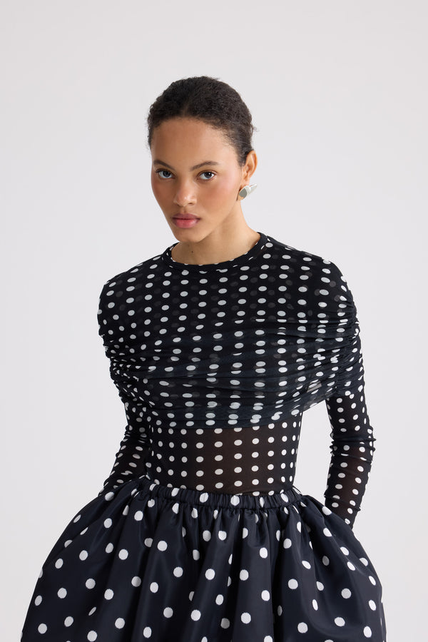 Patou - Recycled Nylon Long Sleeve Top - Night Blue Polka Dots - Black and white polka dot long sleeve top. Recycled nylon material. Round collar. Ruched on the body.