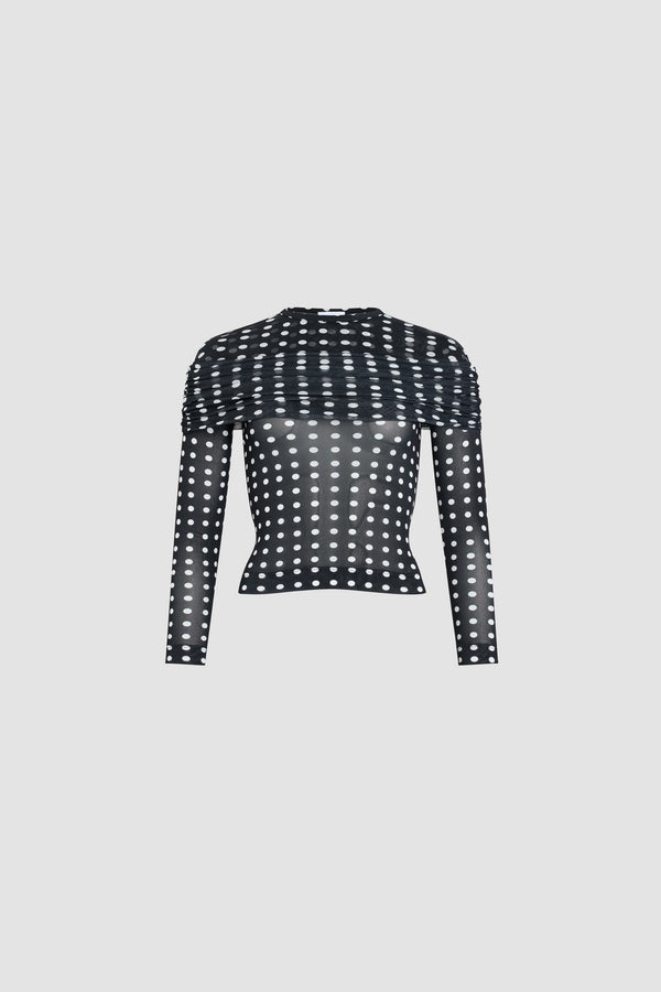 Patou - Recycled Nylon Long Sleeve Top - Night Blue Polka Dots - Black and white polka dot long sleeve top. Recycled nylon material. Round collar. Ruched on the body.
