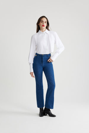 Pantalone flare in denim bio