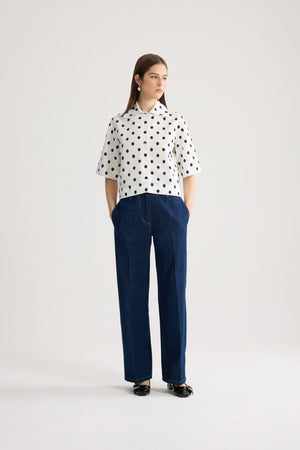 Pantalone largo in vita in denim di cotone