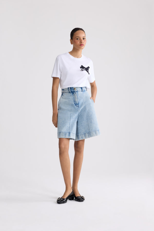 Patou - Bermuda denim en coton mélangé - Riviera Sky Blue - Bermuda denim bleu clair. Taille haute.