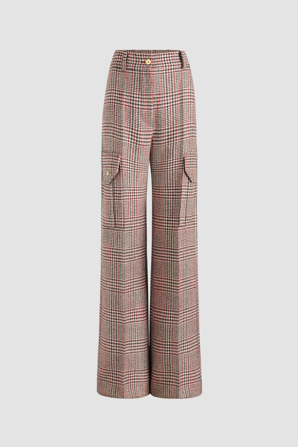 Patou - Flared cargo trousers in sustainable wool flannel - Prince Of Wales - Sustainable virgin wool flannel trousers. Prince of Wales pattern. Long flared leg. Gold-tone JP monogram-engraved button and concealed zip at the front. Belt loops. Pockets at the sides; cargo pockets on the legs with gold-tone JP monogram-engraved snap buttons. Stitched crease at the front and back.