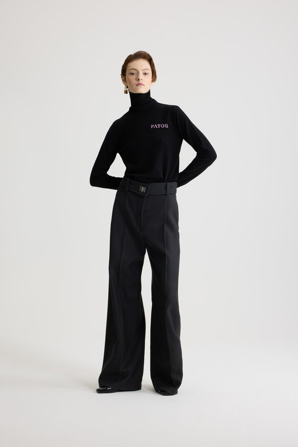 Patou - Lock flared tailored trousers in wool - Mercury - Mercury Grey virgin wool trousers. Long flared leg. Silver-tone lock fastening and concealed zip at the front. Belt loops. Pockets at the sides. Stitched crease at the front and back.