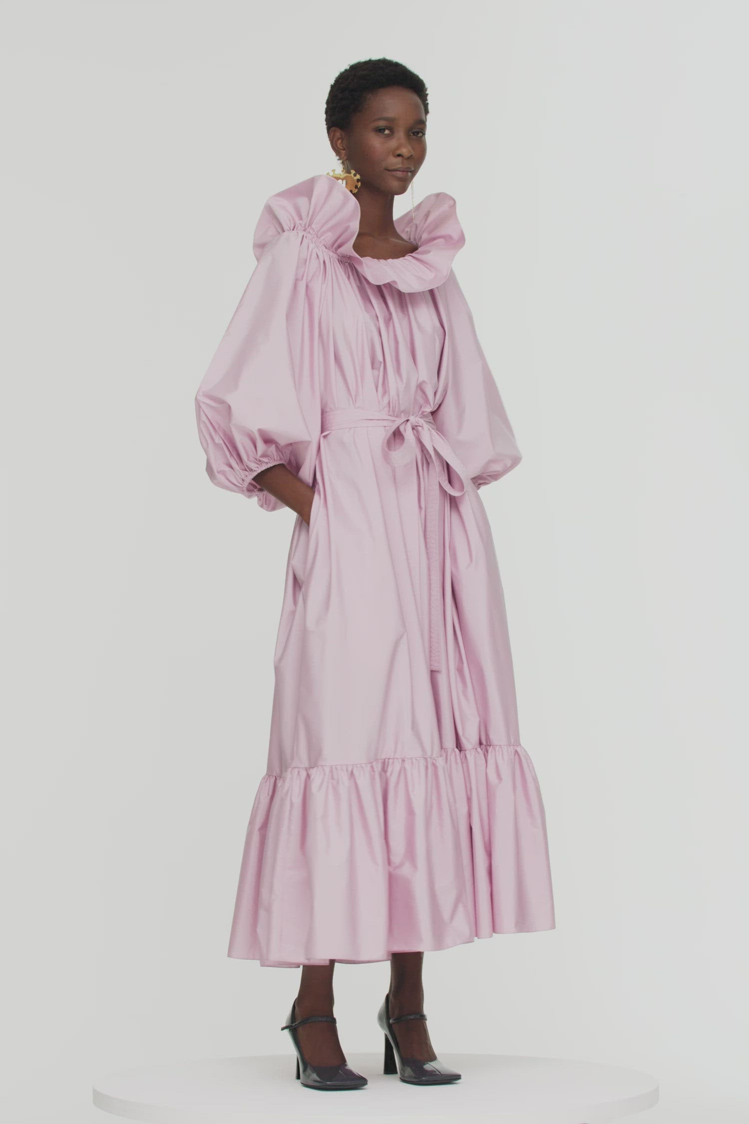 Patou - Maxi dress in eco-friendly faille - Peony - Evening volumes in a Patou palette.Peony pink eco-friendly faille maxi dress. Elasticated neckline with ruffle that can be worn off the shoulders. Long  balloon sleeves with elasticated cuffs. Removable belt at the waist. Tiered hem.