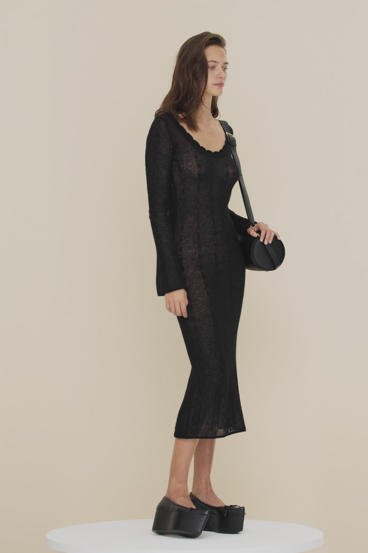 Patou - Midi summer knit dress - Black - The softest summer mohair, a Patou breath of fresh air.Black baby mohair dress. Fitted silhouette, slightly see-through. Midi length. Cable knit pattern. Deep round neckline with scalloped edges. Slightly flared sleeves.