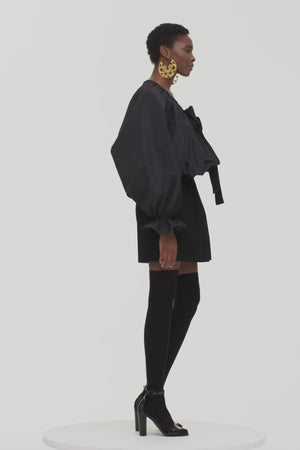 Drawstring puff sleeve top in eco-friendly faille