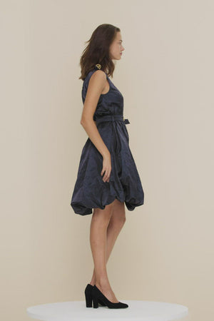 Bubble hem dress in metal satin