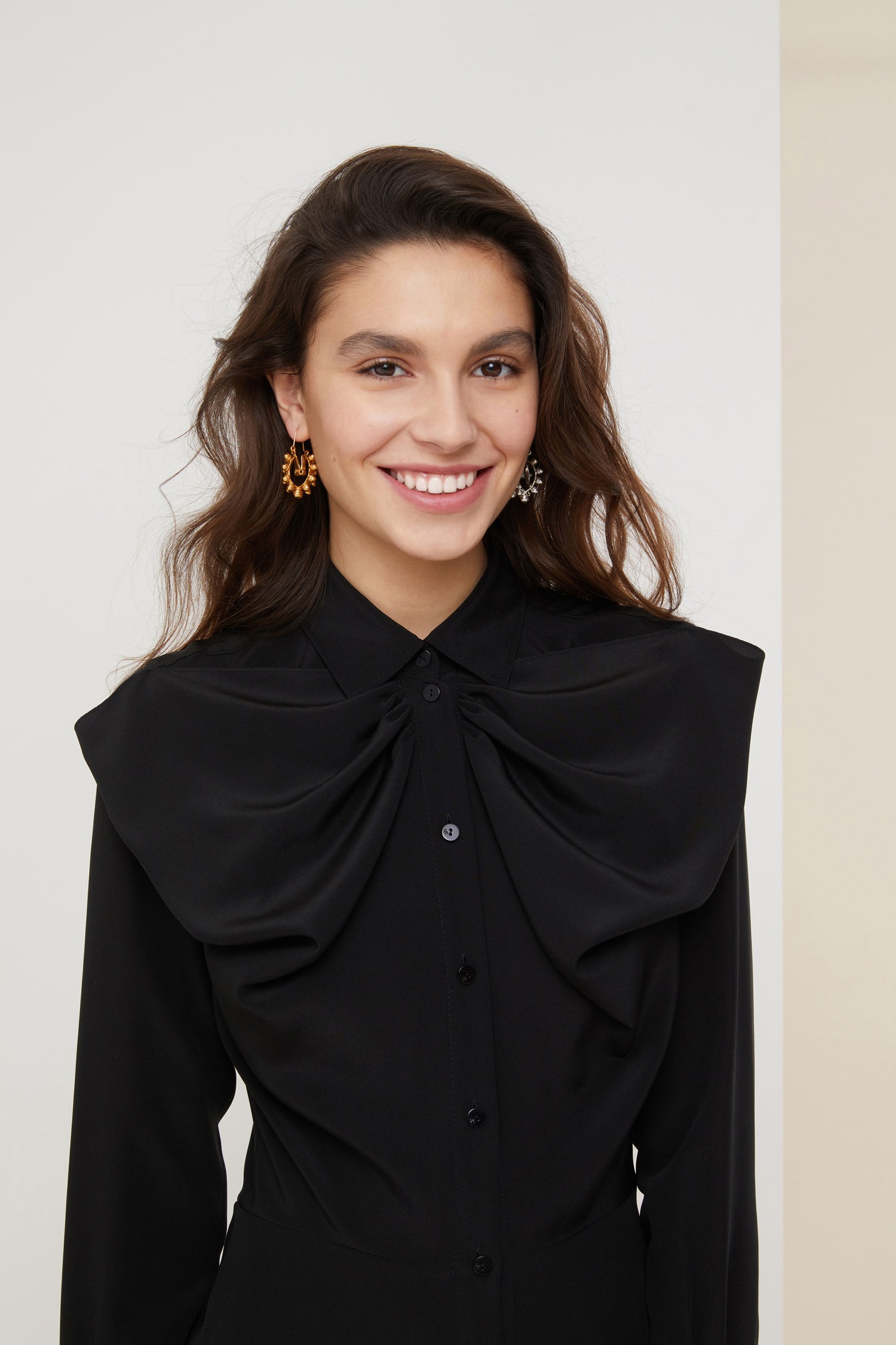 Patou - Bow neckline midi silk dress - Black - A bodice draped into a bow.A new signature Patou neckline in black silk crepe. Midi shirt dress with button fastening at the front. Buttoned cuffs.