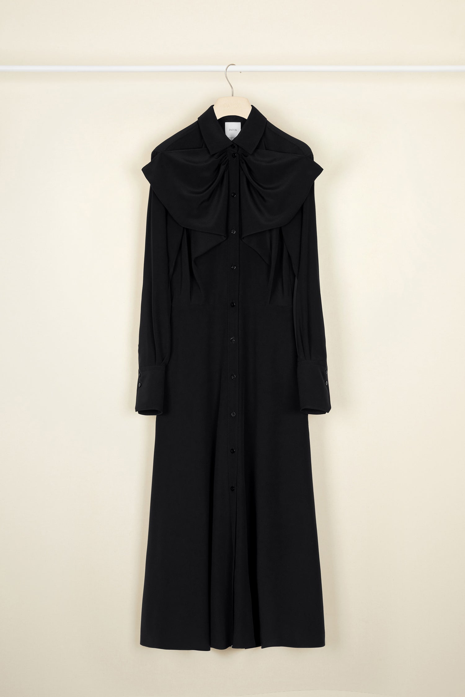 Patou - Bow neckline midi silk dress - Black - A bodice draped into a bow.A new signature Patou neckline in black silk crepe. Midi shirt dress with button fastening at the front. Buttoned cuffs.