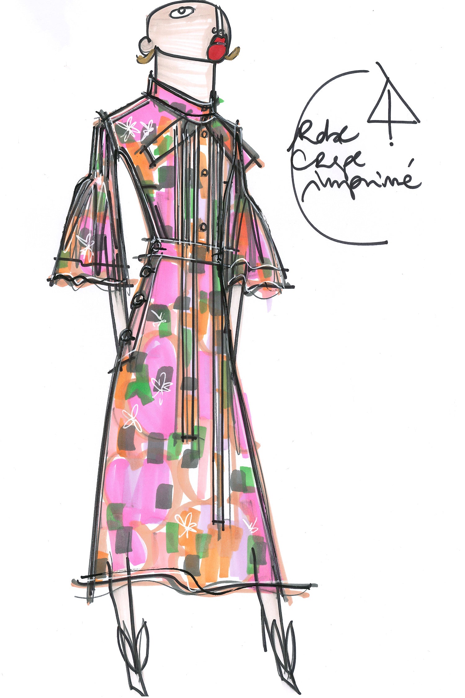 Patou - Schluppen-Midikleid mit Print - Autumn Flowers - Eine frischeres Blumenspektrum für den Herbst.  Jersey-Kleid mit Herbstblumen-Print von Akt 4. Hochgeschlossen, mit langen Bändern im Halsbereich. Mieder vorne durchgehend geknöpft. Verkürzte Glockenärmel. Midirock mit seitlichen Taschen und Knöpfen.