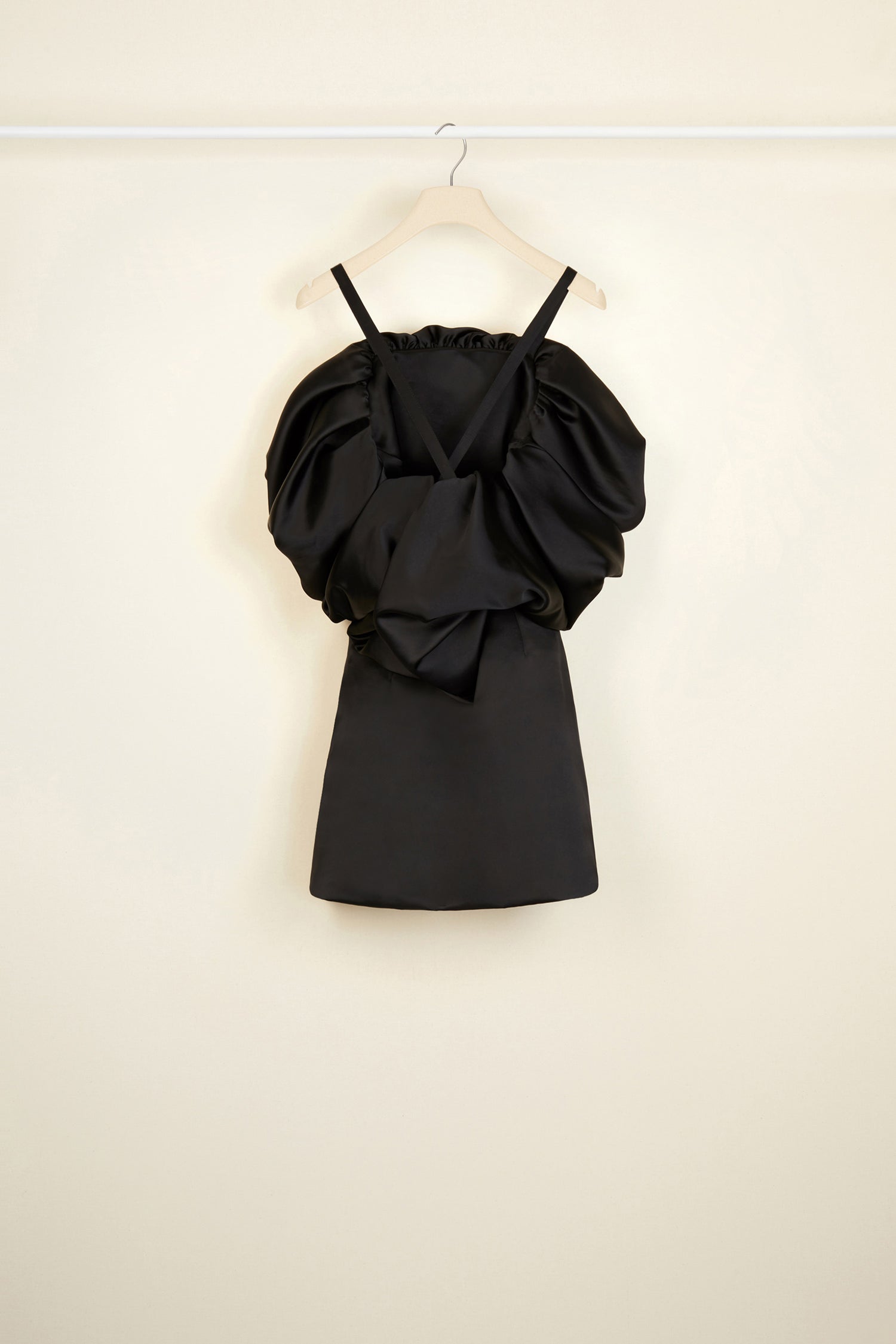 Patou - Oversized ruffle minidress - Black - The distinctive drama of ruffles.Black satin minidress with an oversized ruffle across the neckline and back. Two straps that cross at the back. Concealed side zip.