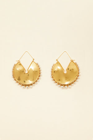 Circular brass and pearl earrings