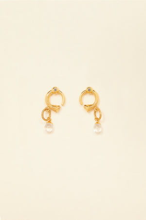 Circular brass and pearl earrings