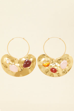 Large hammered brass and stone hoop earrings