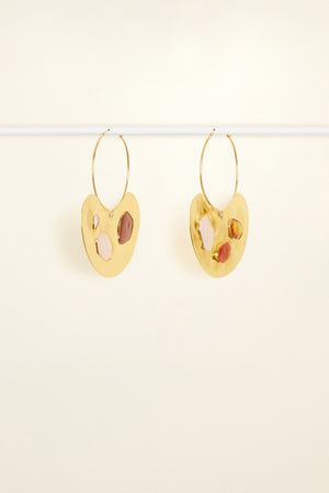 Large hammered brass and stone hoop earrings
