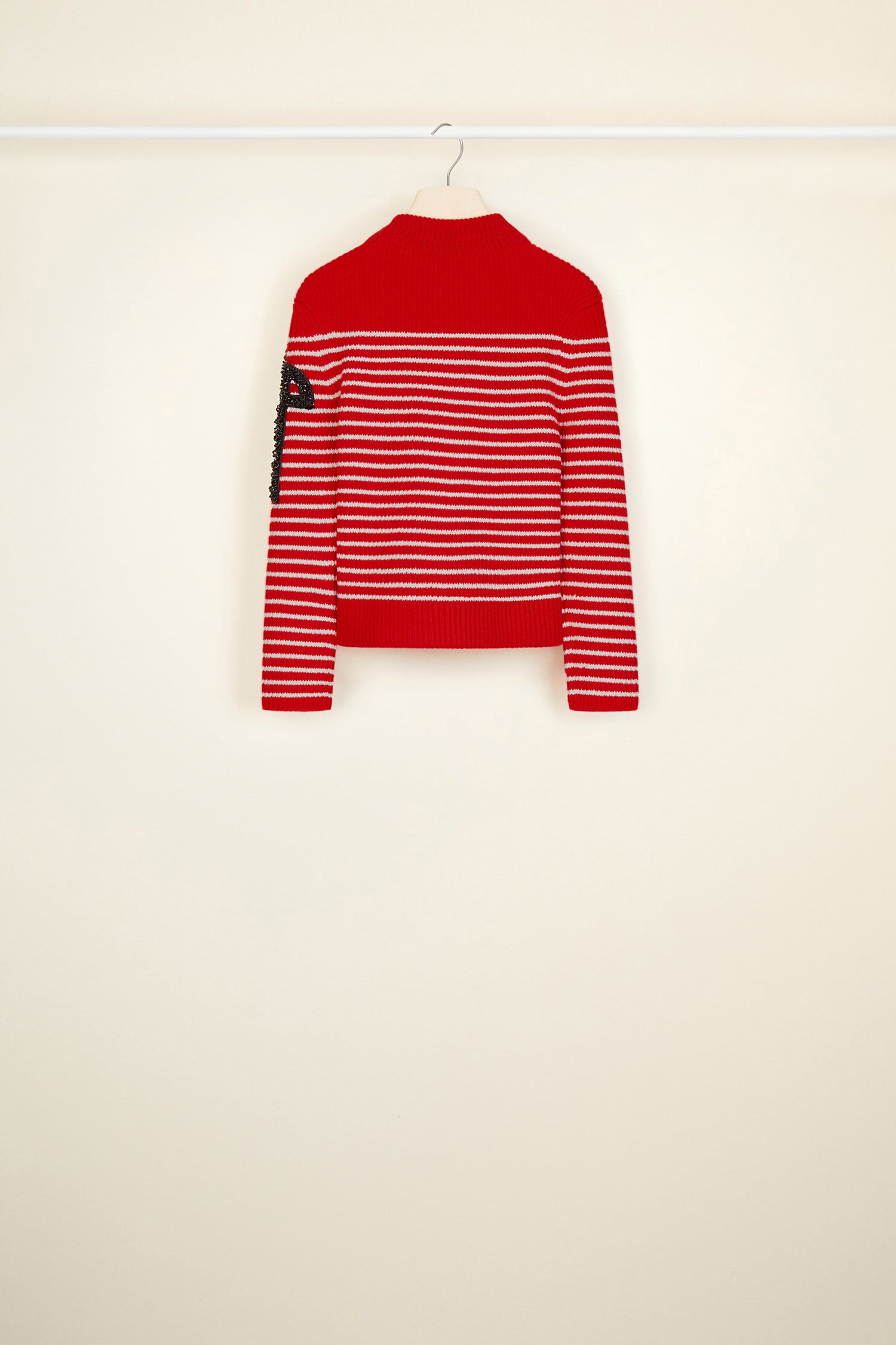 Patou - Iconic jewelled Breton jumper - Poppy - Typically French, unmistakably Patou.Patou’s iconic Breton stripes in white over a poppy red lambswool jumper. Fitted crewneck style. Buttons on the left shoulder. JP logo in black pearls on the left sleeve.