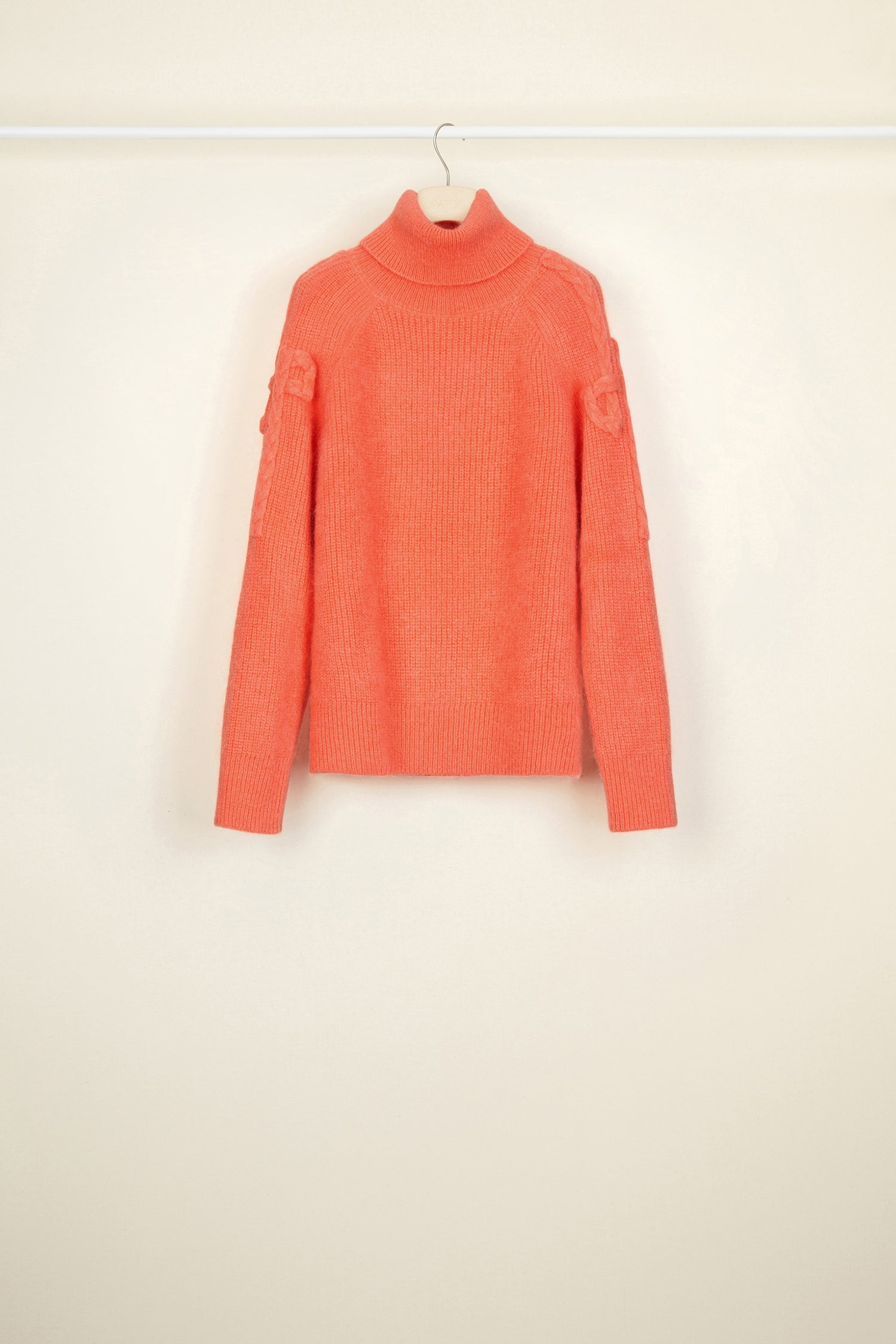 Patou - Mohair blend turtleneck jumper - Coral - Reinventing a signature.Coral red turtleneck jumper in a wool and mohair blend. Loose fit. Cable knit JP logo on both sleeves.
