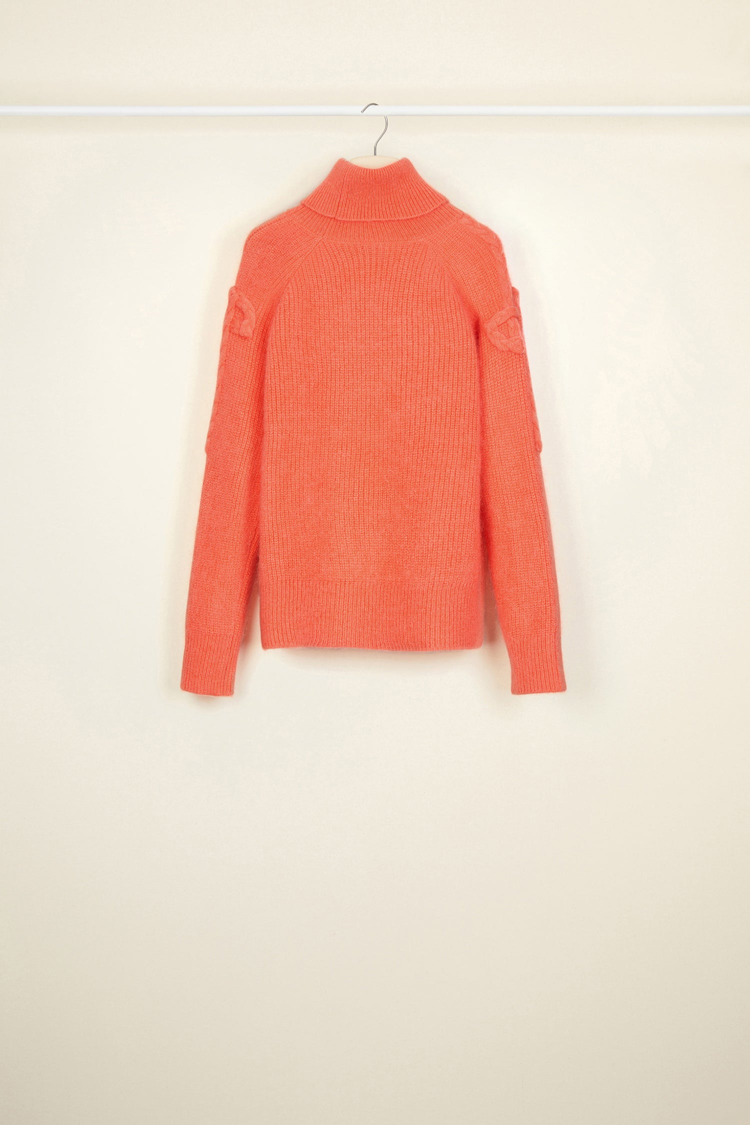 Patou - Mohair blend turtleneck jumper - Coral - Reinventing a signature.Coral red turtleneck jumper in a wool and mohair blend. Loose fit. Cable knit JP logo on both sleeves.