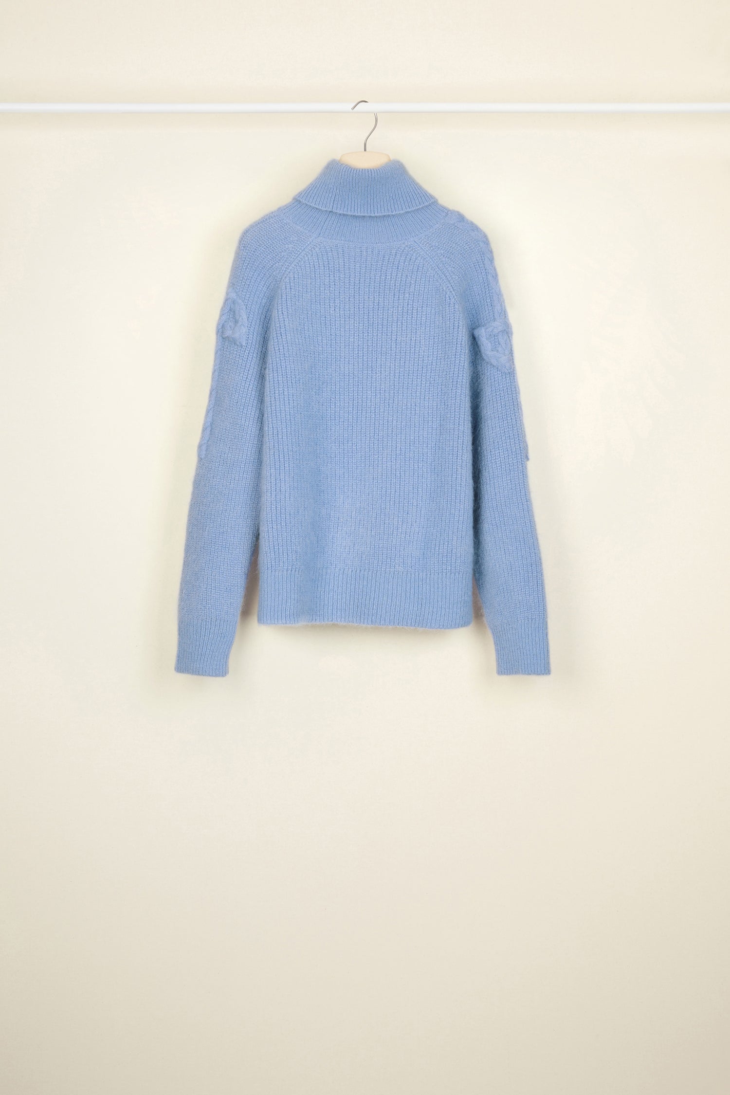 Patou - Mohair blend turtleneck jumper - Blueberry - Reinventing a signature.Blueberry light blue turtleneck jumper in a wool and mohair blend. Loose fit. Cable knit JP logo on both sleeves.