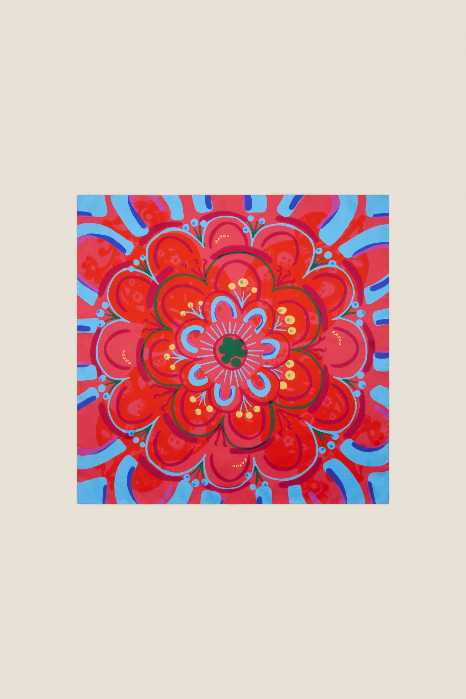 Patou - Floral print silk foulard - Strawberry Flower - A fantasy winter garden of rare Patou blooms. Silk twill square scarf featuring a Strawberry Flower pattern. Entirely drawn by hand. Handwritten Patou signature.